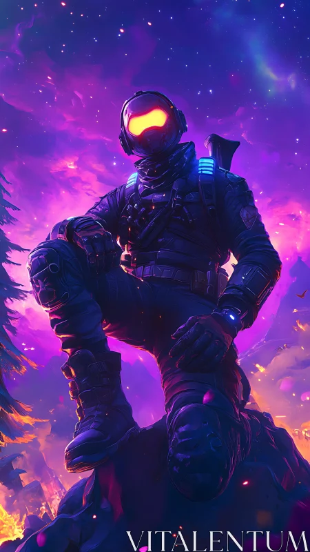 Neon night ranger astride a burning cosmic frontier.