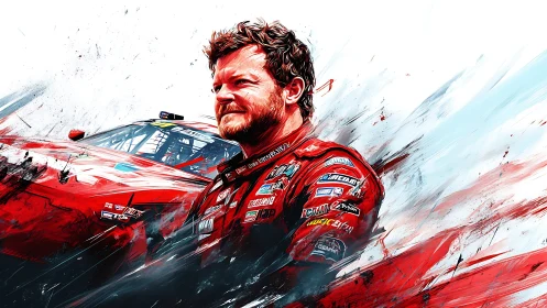 Racing driver in red suit with stylized red stock car portrait.
