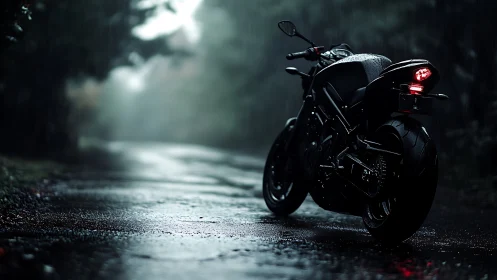 Sport motorcycle waits on wet forest road under rain