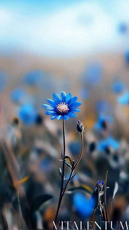 Single blue flower stands sharply against blurred meadow field