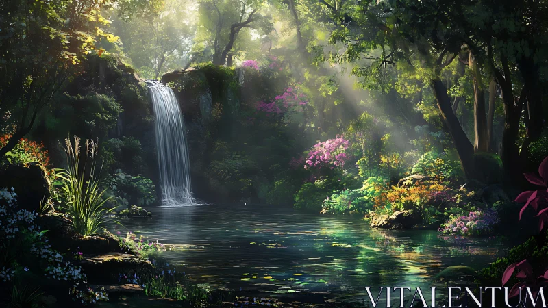 Secret waterfall garden basking in spellbound morning light.
