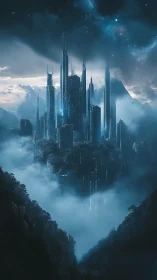 Futuristic mountain citadel rising through midnight mist.