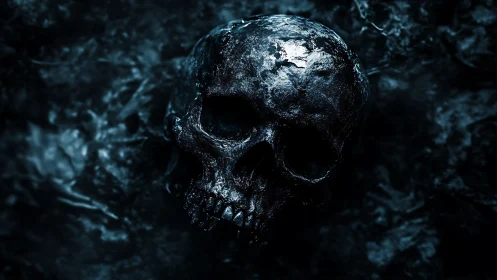 Gleaming dark skull emerges from shadowed rough earth.