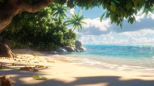 Tropical Coastal Cove: Layered Beach Composition with Granite Formations