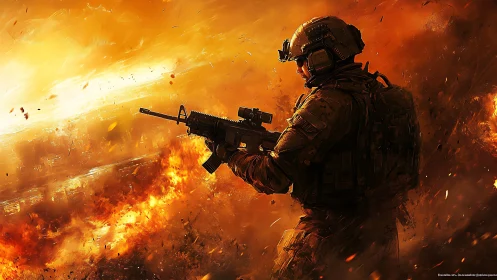 Digital painting of soldier silhouetted in infernal battlefield light.