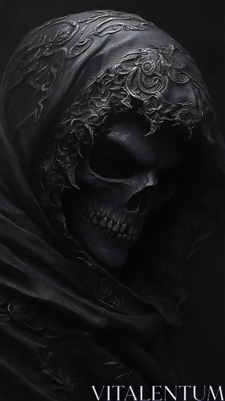 Velvet shadows and a patient reaper in sculpted midnight.