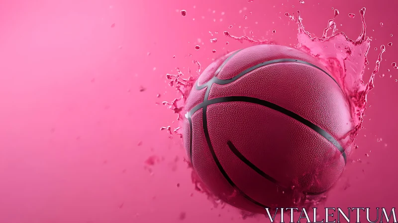 Photorealistic splash study of a vibrant pink basketball.