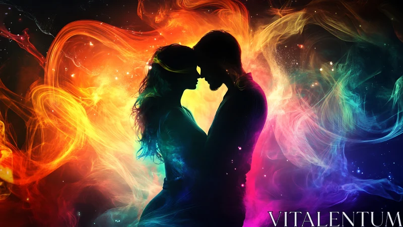 Silhouetted Couple with Colorful Energy Field Backdrop