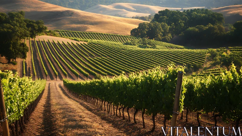 Sunlit hillside vineyard rows in rolling rural landscape.