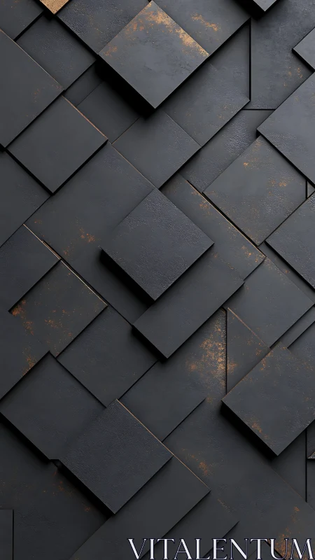 Layered dark geometric panels with subtle metallic wear.