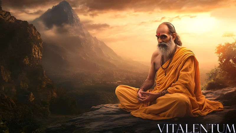 Solitary monk sits cross-legged on rocky ledge at sunset