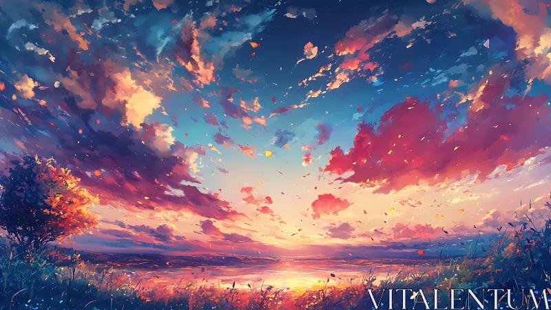 Sunset clouds in luminous anime-style coastal landscape.