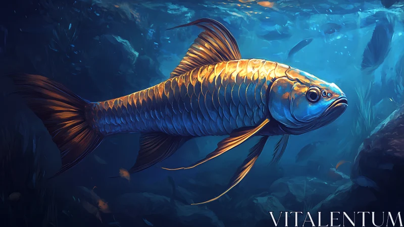 Golden-scaled fish glides through a deep blue aquatic world