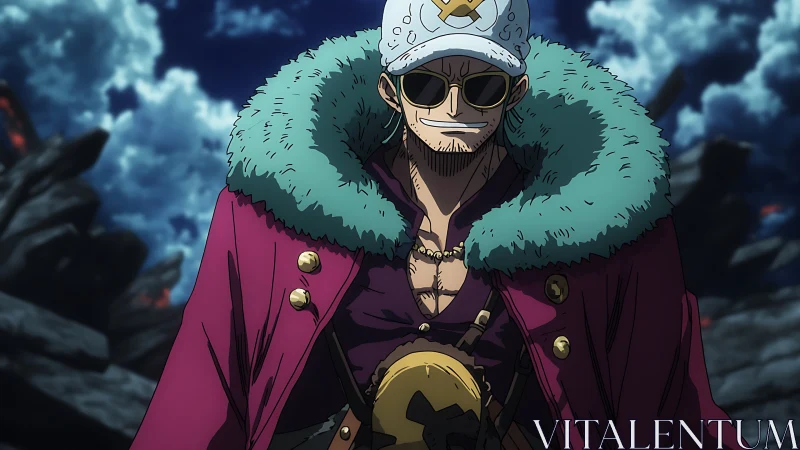 Fur-collared pirate captain under storm-laden volcanic skies.