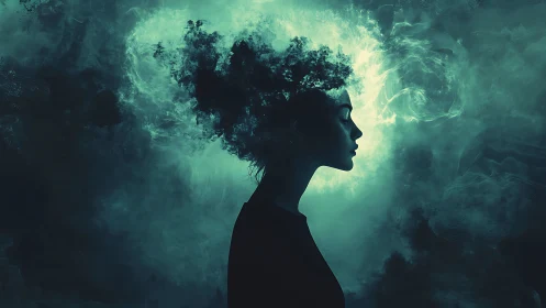 Silhouetted profile merges with turbulent teal vapor cloudscape