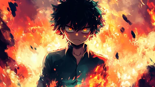 Inferno-eyed prodigy standing unshaken in storming flames.