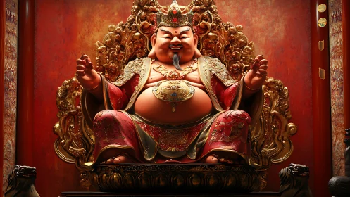Seated ornate deity statue on gilded throne in temple interior.