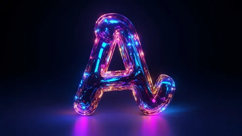 Neon glass letter A glowing on dark reflective surface.