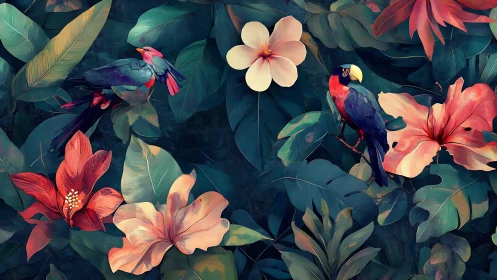 Tropical birds among large leaves and flowers in rich color.