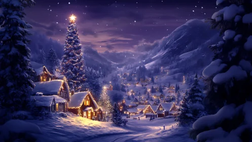 Snow covered village shows illuminated Christmas tree at night