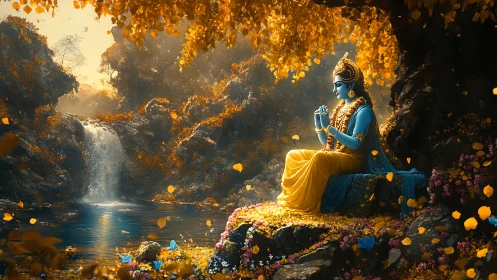 Divine blue figure meditating by luminous forest waterfall.