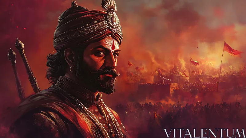 Martial commander in emberscape with fortified siege horizon.