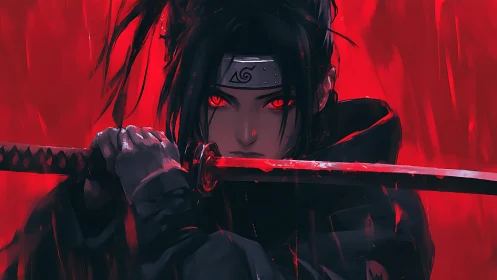 Crimson-eyed shinobi steadies a katana through burning silence
