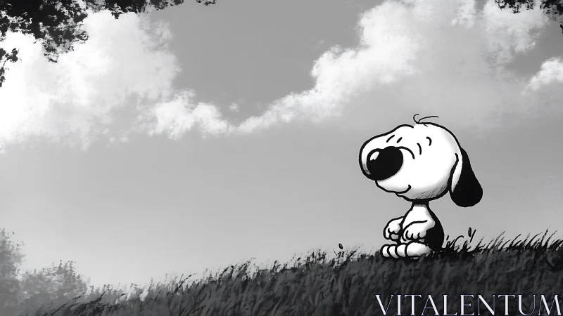 Cartoon dog rests peacefully under a bright cloudy sky.