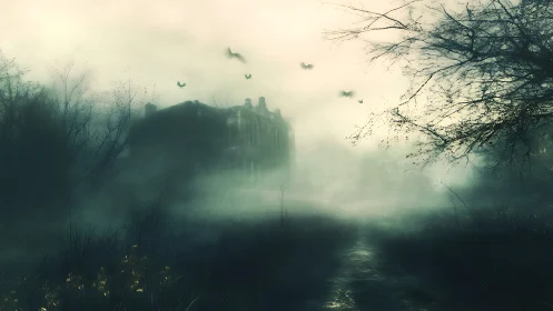 Foggy abandoned mansion in overgrown wetland landscape.