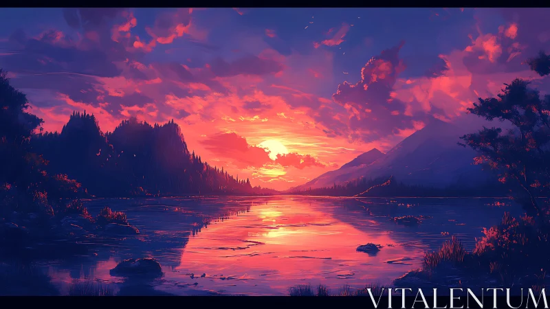 Ember-kissed mountain lake under a blazing violet sunset sky.