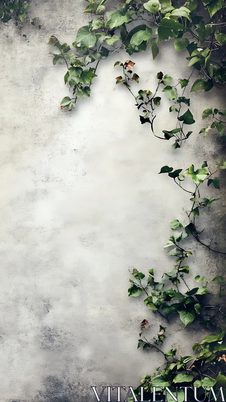 Climbing ivy leaves framing a worn light concrete wall.