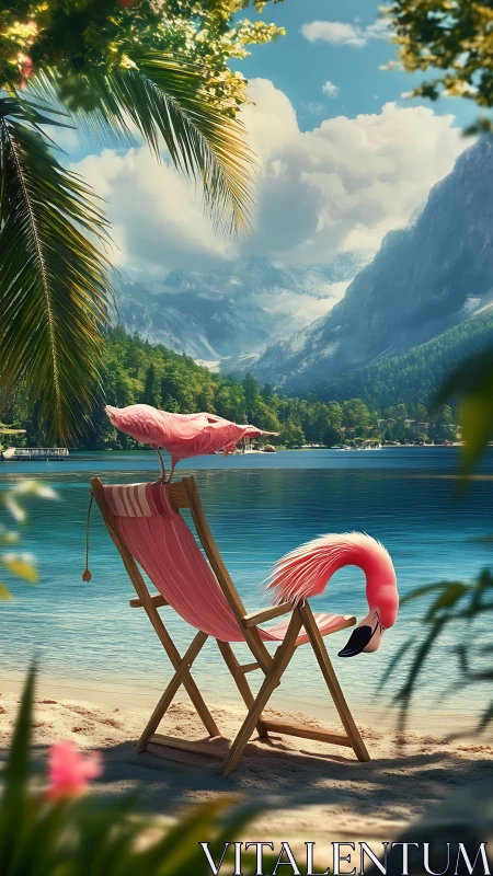 Surreal flamingos lounging on deck chair by alpine lake