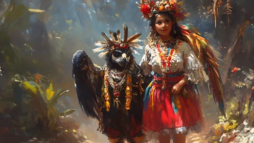 Young Woman and Anthropomorphic Bird in Vibrant Folk Costumes, Painterly Style.