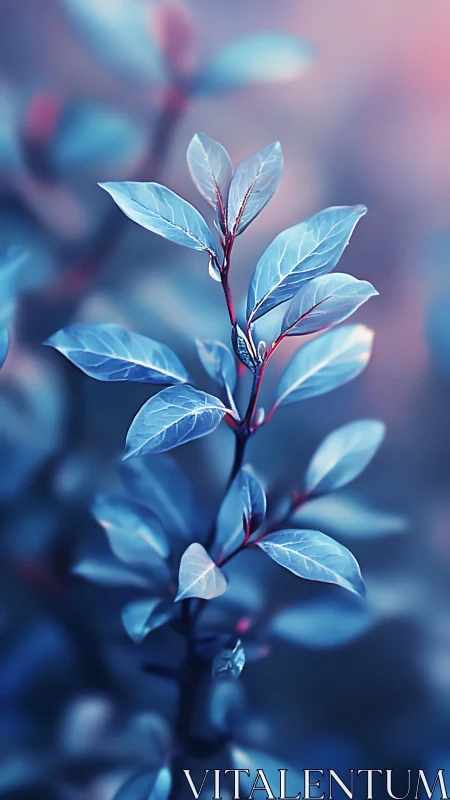 Iridescent blue leaves in dreamy shallow-focus bokeh study.