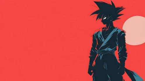 Silhouetted martial figure stands before circular light source