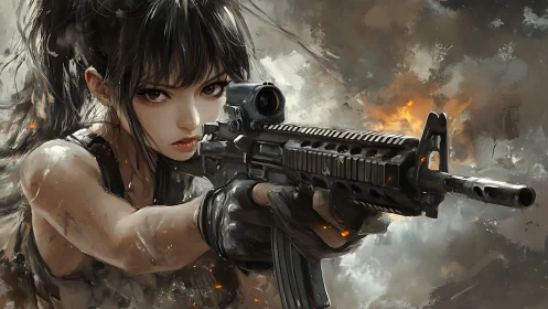 Fierce anime heroine steady in a storm of smoke and sparks.