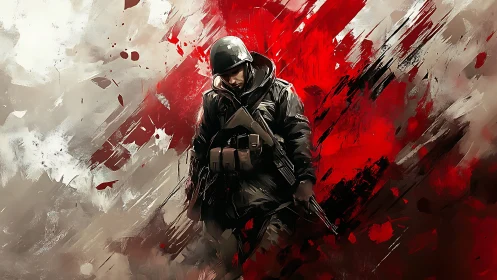 Soldier painted against violent red battlefield backdrop.