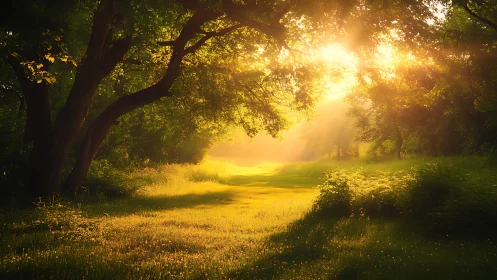 Sunlit Forest Path in Golden Morning Light, Nature Photography Style.