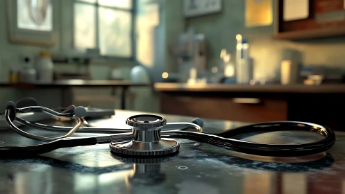 Clinician&rsquo;s stethoscope on reflective diagnostic workstation.