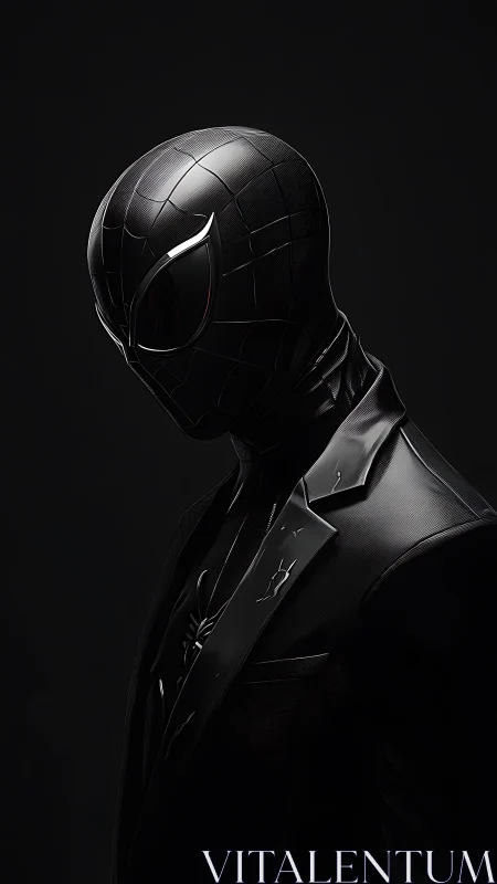 Black-suited masked vigilante stands poised in shadowed profile.
