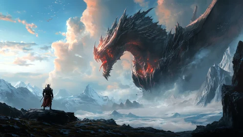 Armored figure facing volcanic dragon over icy valley.