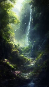 Luminous rainforest gorge with cascading waterfall and stream.