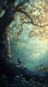 Solitary songbird rests beneath golden dawn canopy glow