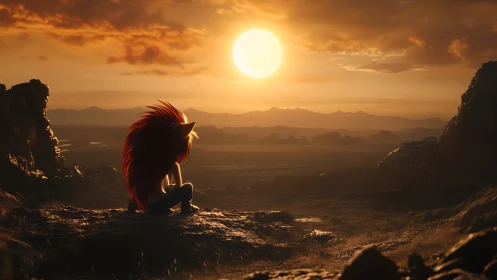 Sunset pause with a spiky wanderer on quiet cliffs.