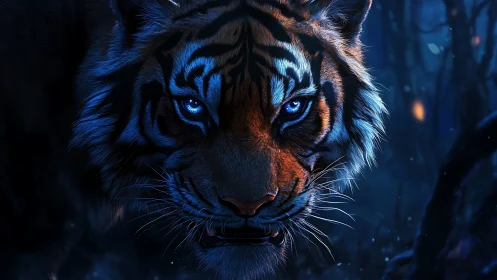 Blue lit tiger stalking through dark nocturnal forest.