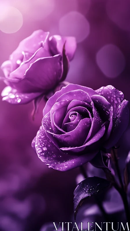 Purple Rose Blooms with Dew Droplets Against Bokeh Background