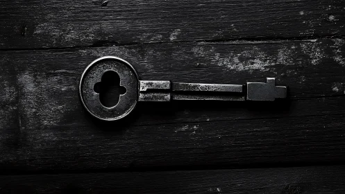 Quiet iron key resting on weathered midnight wood.