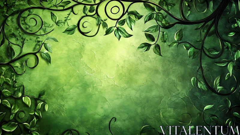 Curved green vines framing textured light gradient background.