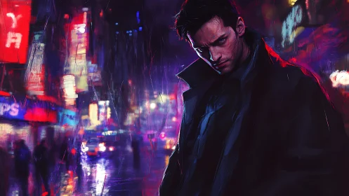 Brooding nightwalker under neon rain in restless cityscape.