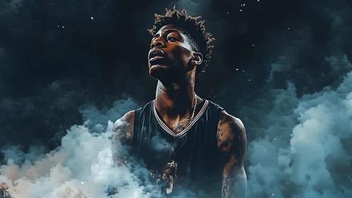 Basketball player portrait rising through dramatic clouds.
